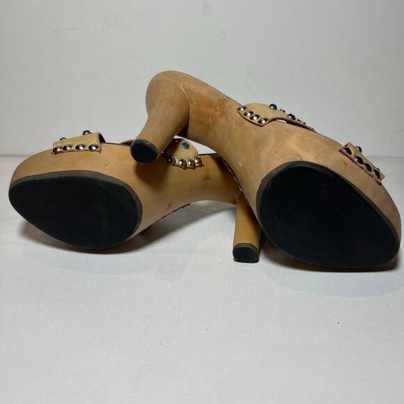 Jean-Michel Cazabat Platform Sandals Tan Leather Rhinestone 5 Inch Heel Size 7.5 - Picture 10 of 12